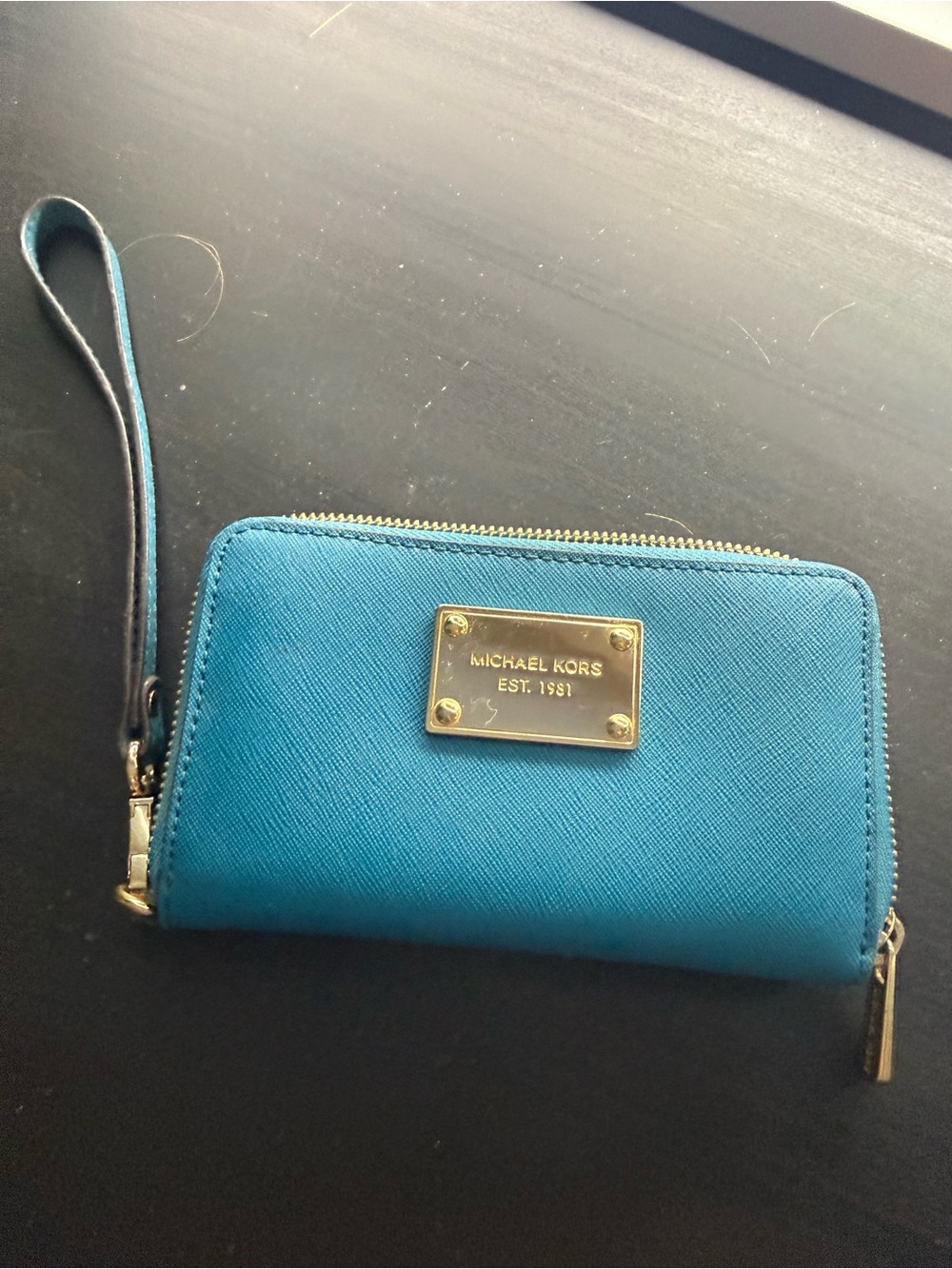 Michael Kors Turquoise Zip Wristlet Wallet with Gold Plate